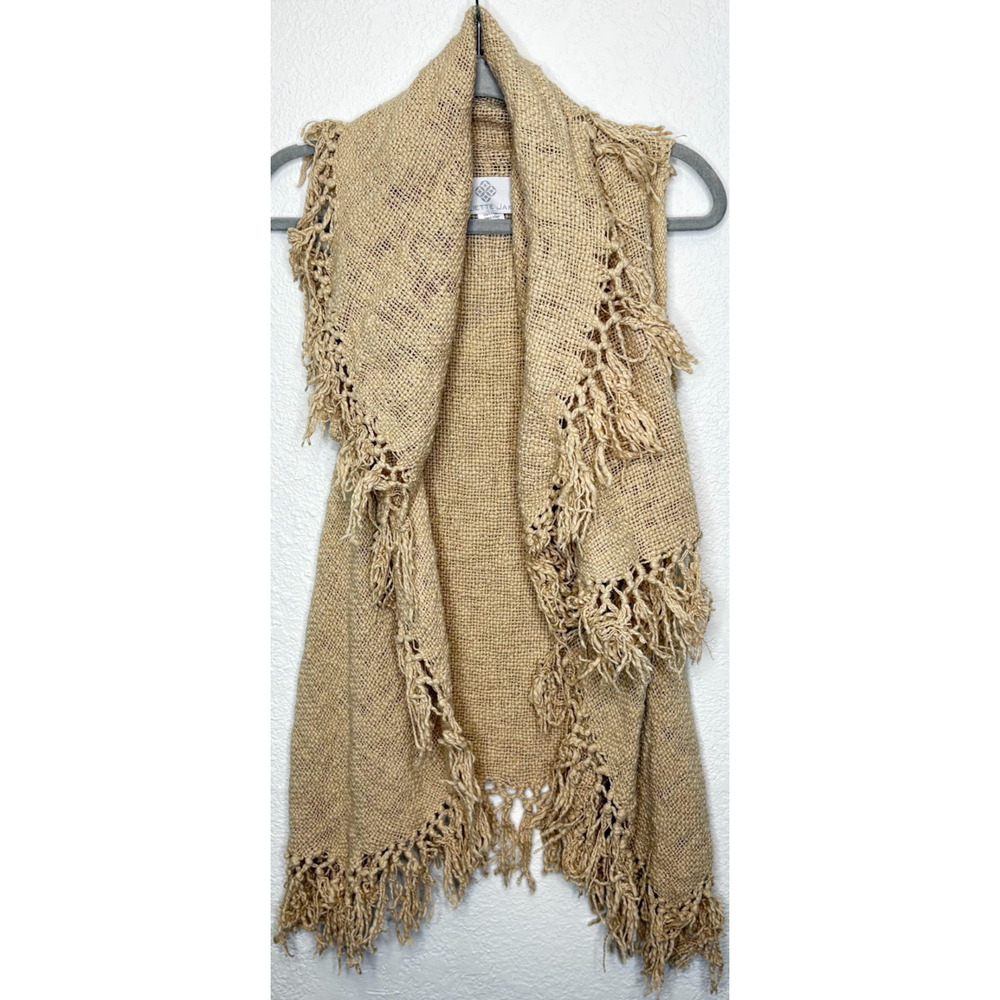 Boho Open Cardigan Poncho Womens O/S Tan‎ Fringe Woven Natural Coastal Lagenlook